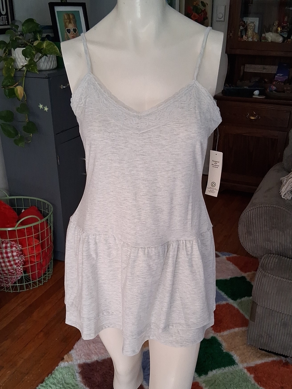 No Boundaries Light Gray Lace-Trim Spaghetti Strap Tank Top